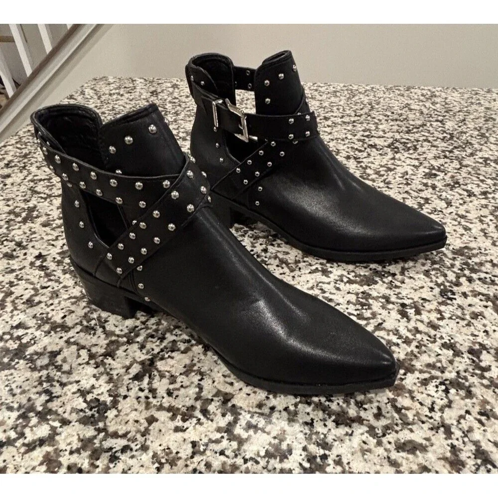 Black Leather Booties Studded, Pointed Toe, Cut Out, Buckle,  Ankle Boots Sz 40